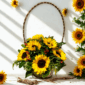 Canasta de mimbre con arreglo de 12 girasoles amarillos y follaje verde sobre fondo blanco iluminado