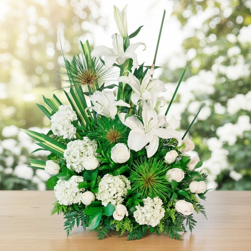 Arreglo floral elegante con lirios blancos, rosas blancas y follaje verde sobre una mesa de madera con fondo desenfocado de jardín