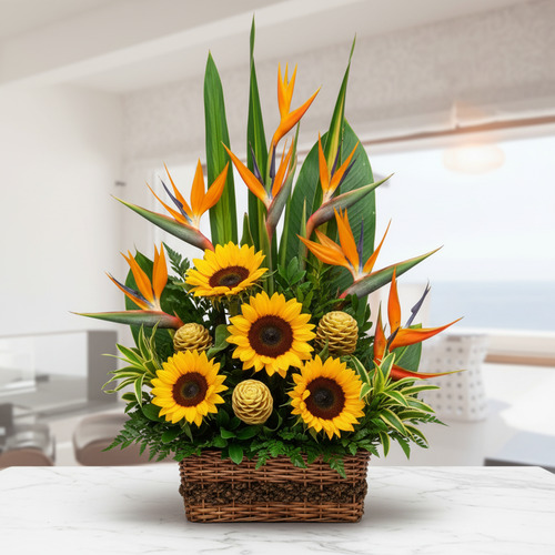 Arreglo floral en canasta de mimbre con girasoles amarillos, flores ave del paraíso naranjas y follaje verde sobre mesa de mármol en interior moderno