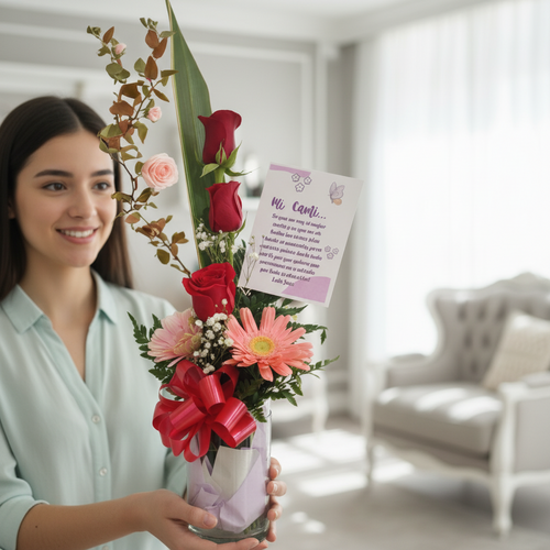 Mujer joven sosteniendo un arreglo floral vertical con rosas rojas, gerberas rosadas, follaje verde y lazo rojo en un jarrón de cristal, junto a una tarjeta con dedicatoria en una sala de estar luminosa