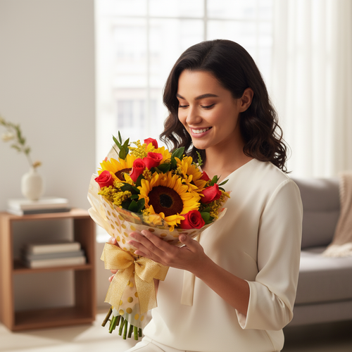 Mujer sonriente con blusa blanca sostiene un ramo de girasoles y rosas rojas envuelto en papel claro con lazo amarillo en una sala de estar luminosa
