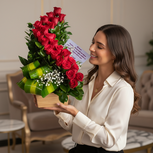 Mujer joven sonriente con camisa blanca sosteniendo un arreglo floral de rosas rojas y follaje verde en una base de madera dentro de una sala elegante