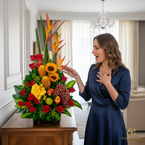 Mujer con vestido azul oscuro admirando un gran arreglo floral con girasoles, rosas rojas, aves del paraíso y frutas sobre una consola de madera en una sala luminosa