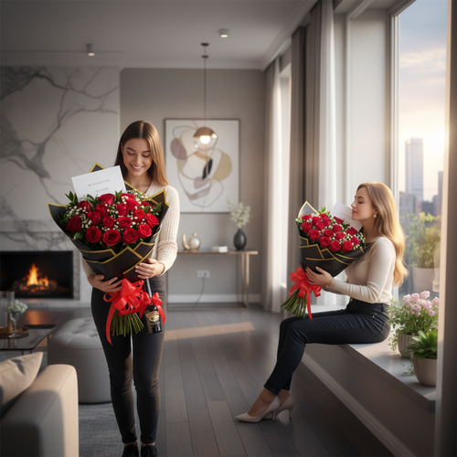 Dos mujeres jóvenes sostienen grandes ramos de rosas rojas con lazos rojos en una sala de estar moderna y luminosa con ventanales y chimenea encendida