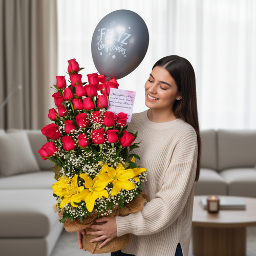 Mujer joven sonriente sosteniendo un gran arreglo floral con rosas rojas, lirios amarillos, follaje verde y un globo gris que dice Feliz cumpleaños en una sala de estar moderna