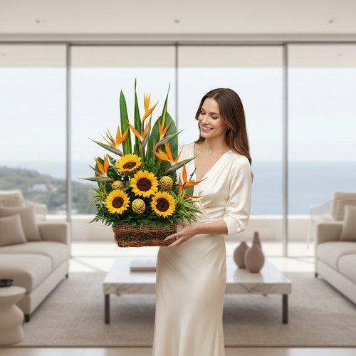 Mujer joven con vestido blanco sosteniendo una canasta de mimbre con arreglo de girasoles y aves del paraíso en una sala de estar moderna con ventanales y vista al mar