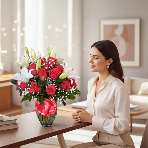 Mujer sentada junto a un jarrón de cristal con rosas rojas, lirios blancos y lazo rosa sobre una mesa de madera en una sala de estar luminosa