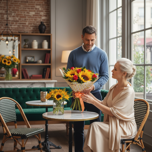 Hombre con suéter azul entregando un ramo de girasoles y flores rojas a una mujer rubia sentada en una cafetería luminosa con decoración moderna