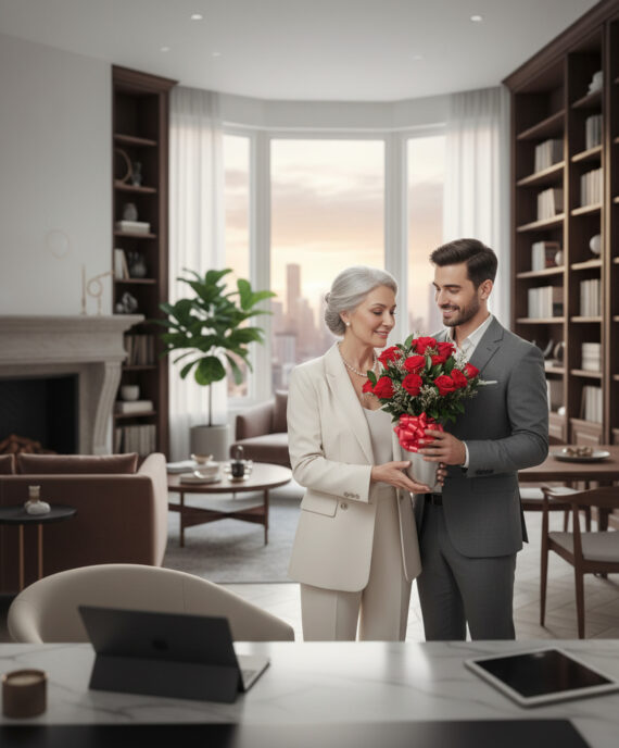 Hombre joven con traje gris entrega a una mujer mayor con traje beige un ramo de rosas rojas con lazo rojo en una oficina elegante con grandes ventanales y estanterías de libros