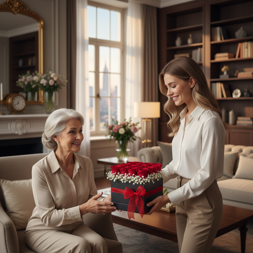 Mujer joven sonriente entrega una caja redonda con rosas rojas y lazo rojo a una mujer mayor sentada en una sala de estar elegante con estanterías y gran ventana al fondo