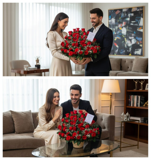 Collage con dos fotos de una pareja joven en una sala elegante sosteniendo y admirando un gran arreglo de rosas rojas en canasta de mimbre sobre fondo de muebles modernos