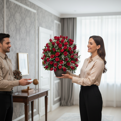 Mujer sonriendo mientras entrega a un hombre un gran arreglo floral de rosas rojas en una maceta marrón dentro de una sala elegante y luminosa