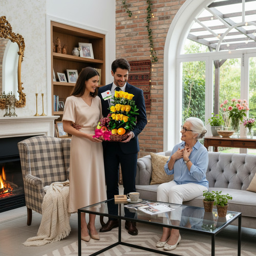 Pareja elegante entrega un arreglo de flores amarillas y frutas a una mujer mayor sentada en una sala de estar luminosa