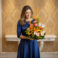 Mujer sonriendo con vestido azul sostiene un arreglo floral con girasoles, gerberas rosadas y flores naranjas sobre fondo de pared beige con estampado clásico