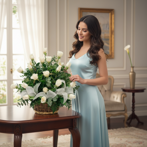 Mujer joven con vestido azul claro arreglando un centro de mesa con rosas blancas en una cesta de mimbre sobre una mesa de madera en un salón clásico y luminoso