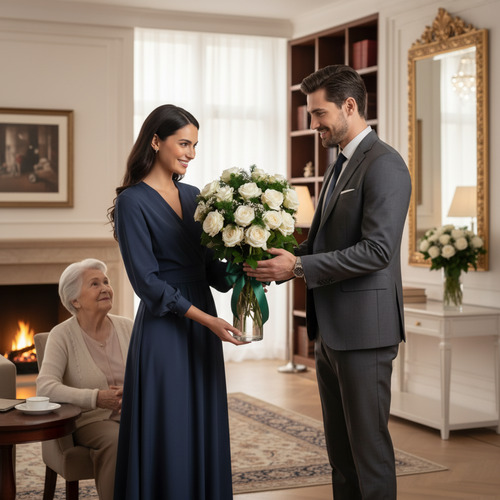 Hombre con traje gris entregando un gran ramo de rosas blancas a una mujer con vestido azul en un salón clásico, con una mujer mayor sentada cerca de una chimenea encendida