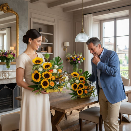 Mujer con vestido claro entrega un gran ramo de girasoles y flores amarillas a un hombre con saco azul en un comedor luminoso con mesa de madera y chimenea al fondo