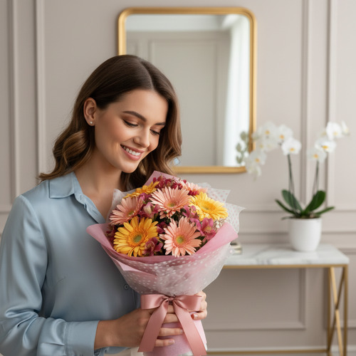 Mujer sonriendo mientras sostiene un ramo de flores gerberas rosas y amarillas envueltas en papel rosa, en una sala moderna con espejo dorado y orquídea blanca al fondo