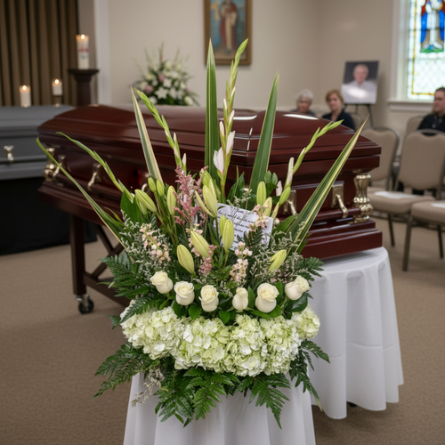 Gran arreglo floral con rosas blancas, lirios y follaje verde sobre mesa redonda frente a un ataúd de madera barnizada en una sala de velatorio
