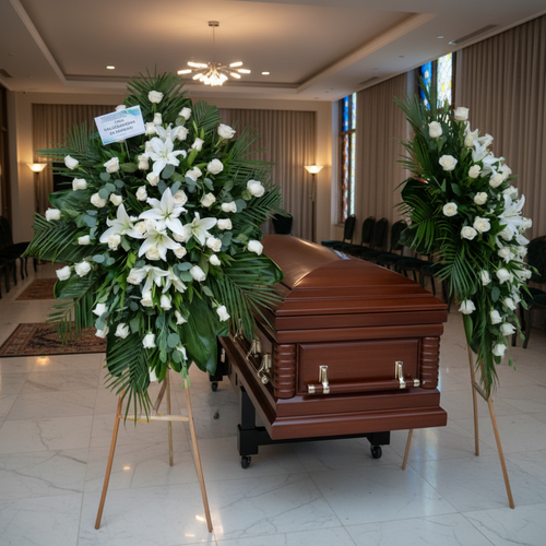 Ataúd de madera pulida rodeado de dos grandes arreglos de flores blancas y follaje verde en una sala de velatorio iluminada