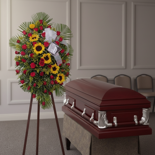Corona funeraria de girasoles y rosas rojas sobre caballete al lado de un ataúd de madera barnizada en una sala velatoria