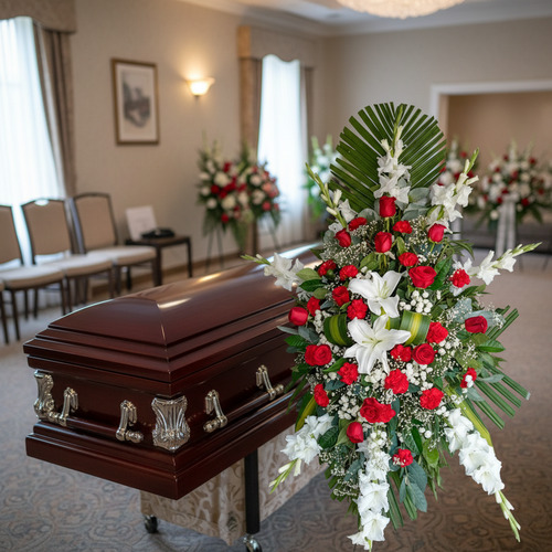 Ataúd de madera oscura con adornos metálicos y gran corona de flores rojas, blancas y verdes en una sala de velatorio elegante