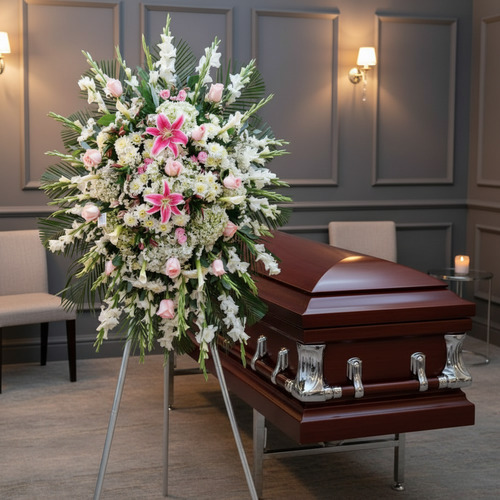 Gran corona funeraria con lirios rosas y flores blancas sobre caballete junto a ataúd de madera barnizada en una sala velatoria elegante