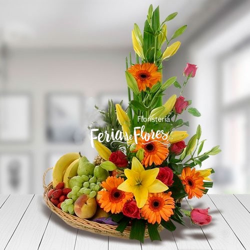 Floral Arrangement with Quitana Fruits, Roses, Gerberas, Lilies...