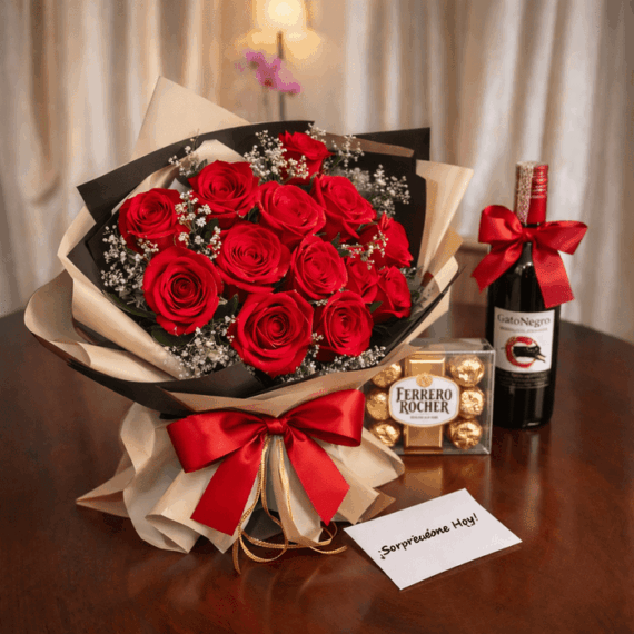 Bouquet de Rosas Vino y Chocolates flores