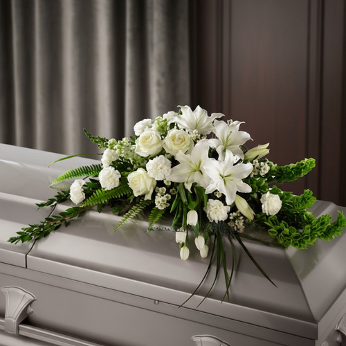 Centro de flores fúnebres con lirios y rosas blancas sobre un ataúd gris en una sala con cortinas oscuras