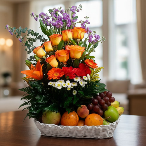 Arreglo floral con rosas naranjas, lirio naranja, margaritas y uvas, manzanas y naranjas en canasta blanca sobre mesa de madera en interior luminoso