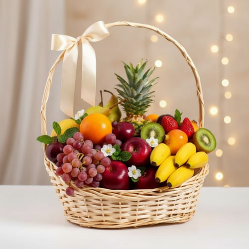 Canasta de frutas frescas sobre fondo desenfocado Canasta de mimbre con piña, uvas, manzanas rojas, fresas, kiwis, plátanos pequeños, naranjas y limones decorada con lazo crema