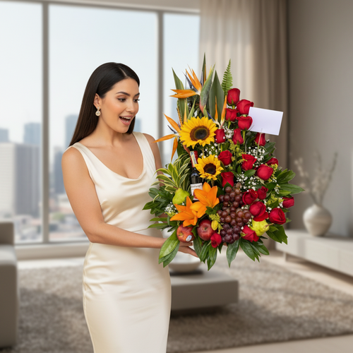 Mujer joven con vestido blanco sosteniendo un gran arreglo de flores y frutas con girasoles, rosas rojas, lirios naranjas y uvas en una sala de estar luminosa