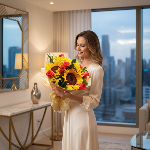 Mujer joven con vestido blanco sosteniendo un ramo de girasoles y rosas rojas en un elegante salón con ventanales y vista urbana al atardecer