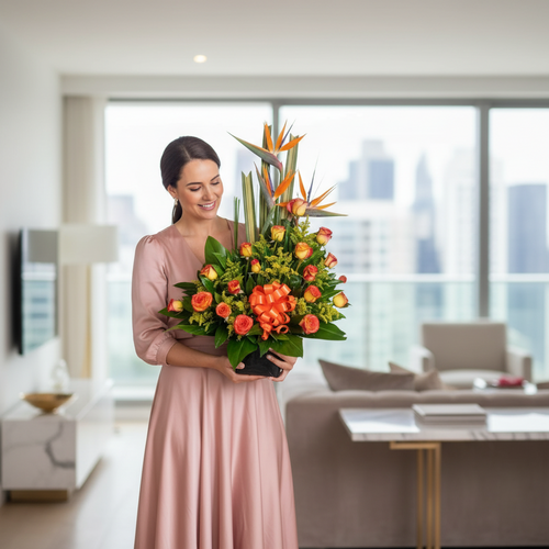 Mujer joven con vestido rosa sosteniendo un gran arreglo floral naranja y verde en un salón moderno con ventanales y vista a la ciudad