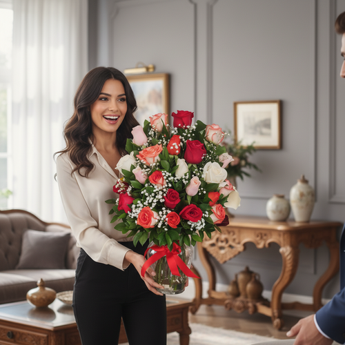 Mujer sonriente con camisa beige sostiene un gran ramo de rosas rojas, rosas y blancas en un jarrón de vidrio con lazo rojo, en una sala de estar clásica y luminosa