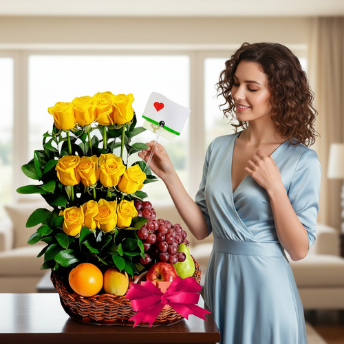 Mujer joven con vestido azul claro sosteniendo una tarjeta sobre una canasta de mimbre con rosas amarillas y frutas como uvas, naranjas y manzanas en una sala iluminada