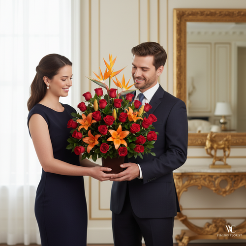 Hombre y mujer vestidos de forma elegante sostienen un gran arreglo de rosas rojas y lirios naranjas en una sala clásica con espejo dorado