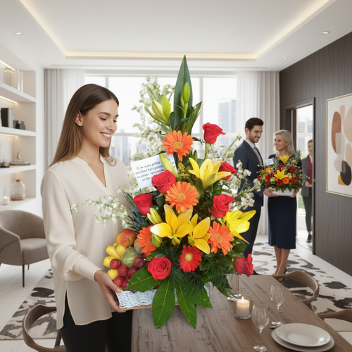 Mujer sosteniendo canasta con arreglo floral de lirios amarillos, gerberas naranjas, rosas rojas y frutas en un salón moderno, con pareja al fondo intercambiando otro ramo de flores
