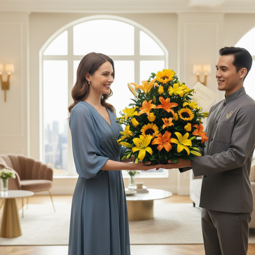 Mujer con vestido azul recibe de un empleado un gran arreglo floral con lirios naranjas y amarillos y girasoles en un salón moderno y luminoso