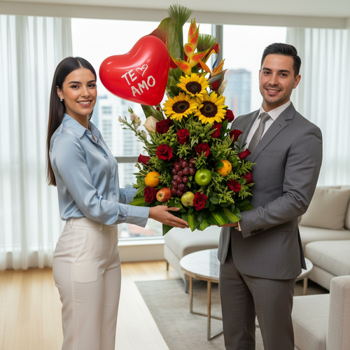 Pareja joven en sala moderna sosteniendo un arreglo de flores y frutas con girasoles, globos rojos en forma de corazón con la frase Te Amo
