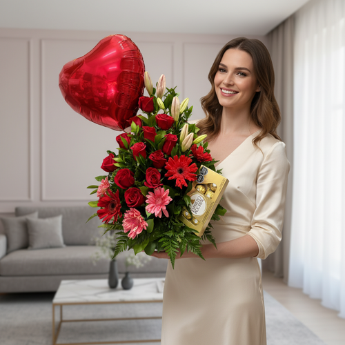 Mujer joven con vestido beige claro sosteniendo un gran ramo de rosas y gerberas rojas con flores rosadas, globo rojo en forma de corazón y caja de bombones dorada en una sala de estar moderna y luminosa