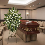 Arreglo floral funerario de flores blancas sobre caballete metálico al lado de un ataúd de madera barnizada en una sala de velatorio con filas de sillas beige
