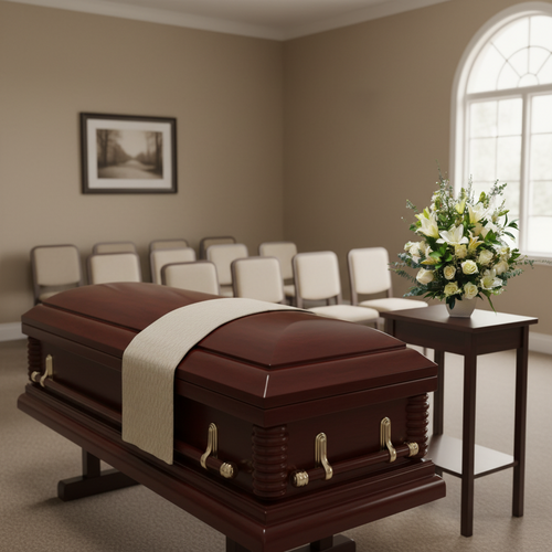 Ataúd de madera barnizada con herrajes dorados en una sala de velatorio con sillas blancas y arreglo floral