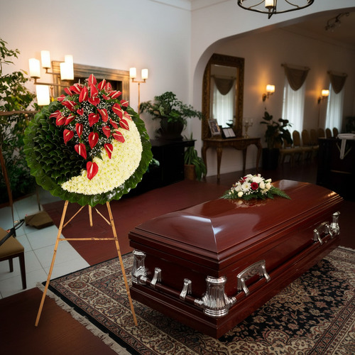Ataúd de madera oscura con herrajes plateados y arreglo floral blanco y rojo en una sala de velatorio elegante