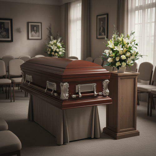 Ataúd de madera barnizada con herrajes plateados en una sala de velatorio, junto a un atril de madera con un arreglo de flores blancas y amarillas