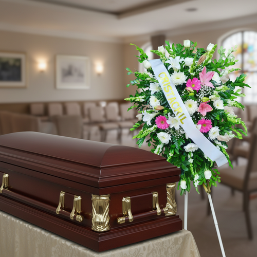 Ataúd de madera oscura con herrajes dorados junto a corona de flores blancas, rosas y verdes en una sala de velación