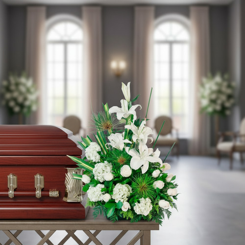 Arreglo de flores blancas con lirios y claveles verdes colocado junto a un ataúd de madera barnizada sobre una mesa en una sala funeraria luminosa