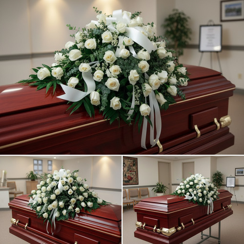 Collage de tres fotos que muestran un ataúd de madera barnizada color caoba con herrajes dorados, decorado con un gran arreglo de rosas blancas y follaje verde en una sala funeraria iluminada