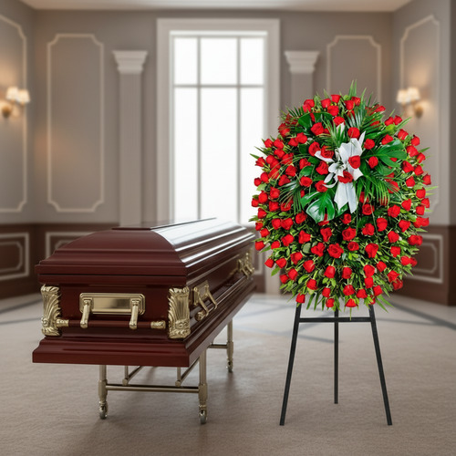 Ataúd de madera barnizada con herrajes dorados junto a corona fúnebre de rosas rojas sobre caballete negro en una sala velatoria elegante